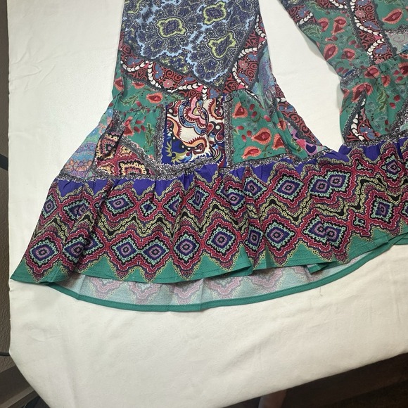 Umgee Patchwork Wide Legs Ruffle Hem Boho Festival Hippie Women's Pants Size M - Picture 6 of 12